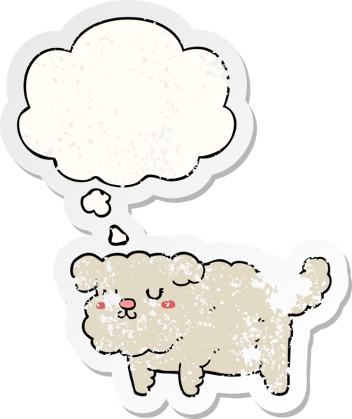 Düşünce baloncuğu olan çizgi film köpeği insan tarafından çizilmiş yıpranmış bir çıkartma gibi.