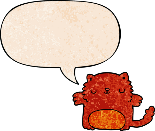 Konuşma baloncuğu olan çizgi film kedisi insan tarafından çizilmiş eski moda dokular.