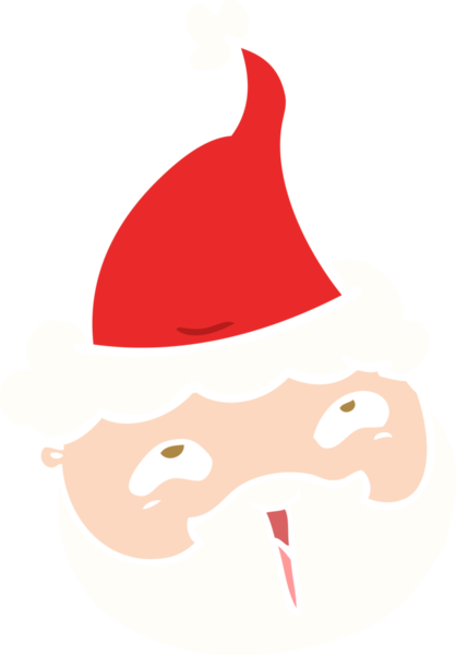 El çizimi düz renkli, sakallı bir erkek yüzü Noel Baba şapkası giymiş bir insan tarafından çizilmiş.