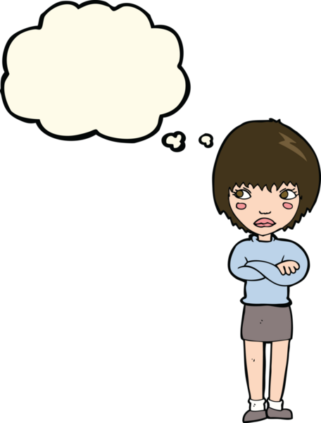 Bir insan tarafından çizilmiş düşünce baloncuğuyla rahatsız bir kadın.