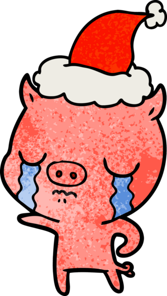 Bir insan tarafından çizilmiş Noel Baba şapkası takan bir domuzun el çizimi karikatürü.