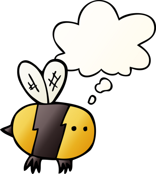 Bir insan tarafından çizilmiş yumuşak eğimli düşünce baloncuklu çizgi film arısı.