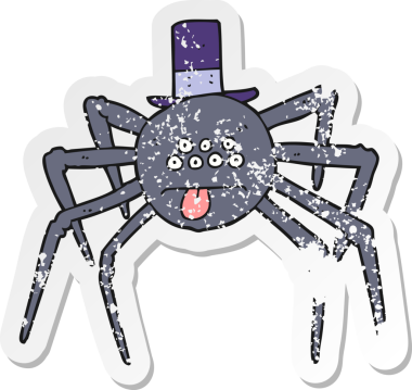 Bir insan tarafından çizilmiş silindir şapkalı karikatür cadılar bayramı örümceğinin gerilimli çıkartması.