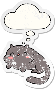 Düşünce baloncuğu olan çizgi film kedisi insan tarafından çizilmiş yıpranmış bir çıkartma.