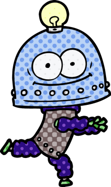 Bir insan tarafından çizilmiş ampullü mutlu karton robot.