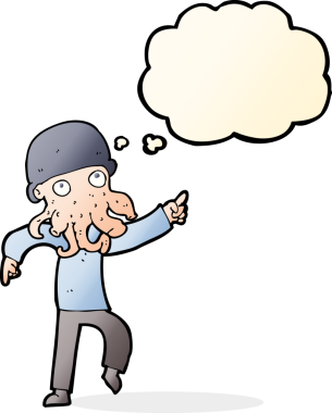 Bir insan tarafından çizilmiş düşünce baloncuğuyla dans eden uzaylı adam.