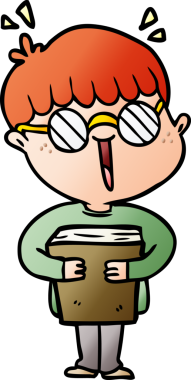 Çizgi filmci çocuk ve kitap bir insan tarafından çizilmiş.