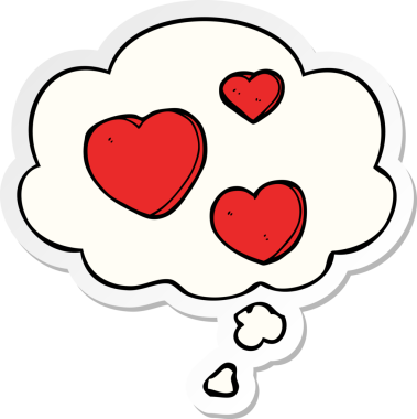 İnsan tarafından çizilmiş bir çıkartma gibi düşünce baloncuklu karikatür aşk kalpleri.