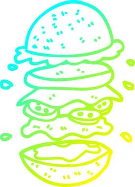 Bir karikatürün soğuk gradyan çizimi. Bir insan tarafından çizilmiş kocaman bir hamburger.