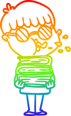 Gökkuşağı gradyan çizgi çizimi. Siyah gözlüklü bir çocuk. Elinde bir insan tarafından çizilmiş kitaplar var.