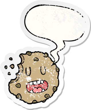 Konuşma balonlu çizgi film kurabiyesi bir insan tarafından çizilmiş sıkıntılı eski bir çıkartma