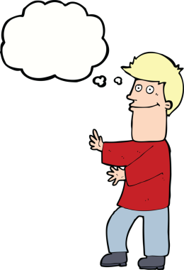 Bir insan tarafından çizilmiş düşünce balonuyla hareket eden bir karikatür adamı.