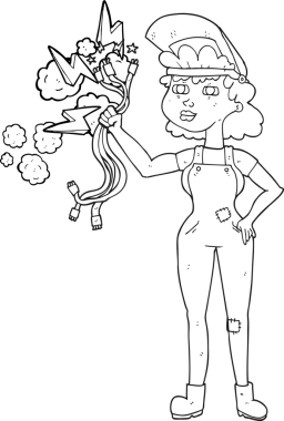 Bir insan tarafından çizilmiş siyah beyaz karikatür elektrikçisi kadın.