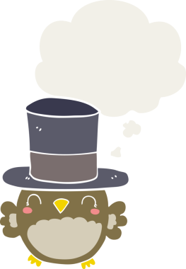 Düşünce baloncuğu olan silindir şapka takan bir baykuş insan tarafından çizilmiş.