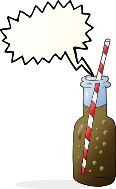 Bir insan tarafından çizilmiş serbest konuşma balonu karikatürü köpüklü içecek şişesi.