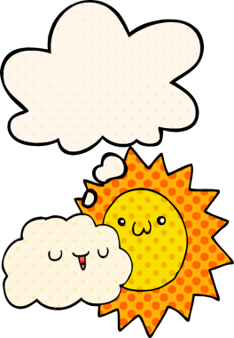 çizgi roman tarzında bir insan tarafından çizilmiş düşünce baloncuklu güneş ve bulut.