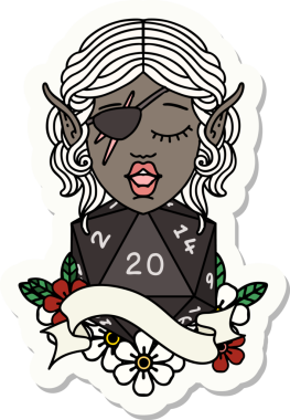 Bir insan tarafından çizilmiş doğal yirmi zarlı düzenbaz bir elf karakterinin çıkartması.