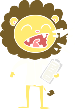 Düz renkli çizgi film kükreyen aslan doktor bir insan tarafından çizilmiş.