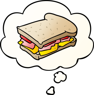 Düşünce baloncuklu jambonlu sandviç, bir insan tarafından çizilmiş.