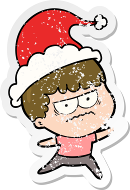 Bir insan tarafından çizilmiş Noel Baba şapkası giymiş sinirli bir adamın el çizimi karikatürü.