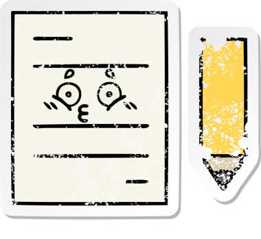 Bir insan tarafından çizilmiş şirin bir çizgi film test kağıdının sıkıntılı çıkartması.