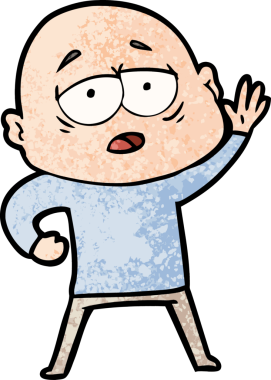 Bir insan tarafından çizilmiş yorgun, kel bir adam.