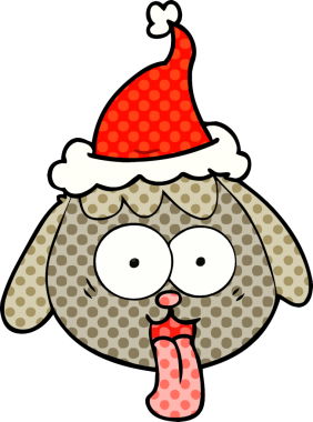 Bir insan tarafından çizilmiş Noel Baba şapkasıyla nefes nefese kalan bir köpek suratının el çizimi çizgi roman tasviri