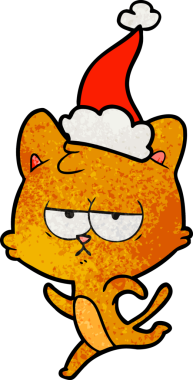 Bir insan tarafından çizilmiş Noel Baba şapkası takan bir kedinin çizilmiş el resmi.