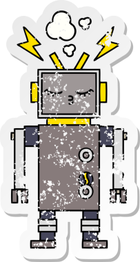 Bir insan tarafından çizilmiş arızalı bir robot çizgi film çıkartması.