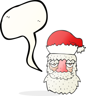Serbest konuşma balonu karikatürü. Bir insan tarafından çizilmiş yorgun Noel Baba yüzü.