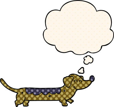 Çizgi roman tarzında bir insan tarafından çizilmiş düşünce balonu olan çizgi film köpeği.