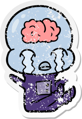 Bir çizgi filmin sıkıntılı çıkartması. Bir insan tarafından çizilmiş büyük beyinli uzaylı ağlaması.