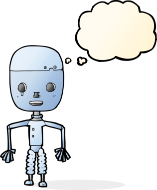 Bir insan tarafından çizilmiş düşünce baloncuklu çizgi film robotu
