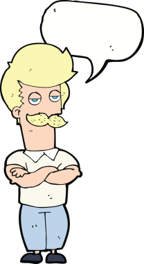 Bir insan tarafından çizilmiş konuşma baloncuğu olan bıyıklı kaslı adam.