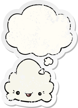 Düşünce baloncuklu karikatür bulutu bir insan tarafından çizilmiş yıpranmış bir çıkartma gibi.