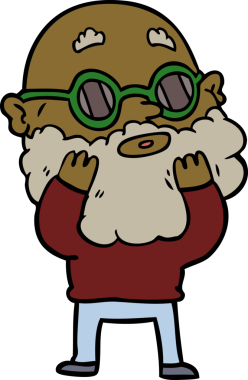 Bir insan tarafından çizilmiş sakallı ve güneş gözlüklü meraklı bir adam.