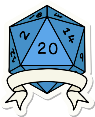 Bir insan tarafından çizilmiş 20 kritik vuruşluk D20 zar etiketi.