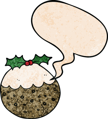 Karikatür noel pudingi, konuşma baloncuğu ile retro doku şeklinde bir insan tarafından çizilmiş.