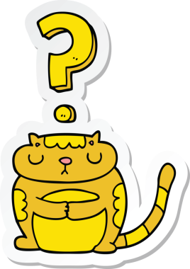 Bir insan tarafından çizilmiş soru işaretli çizgi film kedisinin çıkartması.