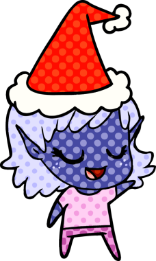 Mutlu el çizimi çizgi roman stili Noel Baba şapkası giyen bir elf kızı bir insan tarafından çizilmiş.