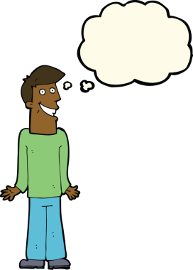 Bir insan tarafından çizilmiş düşünce baloncuğuyla omuzlarını silkeleyen çizgi film adamı.