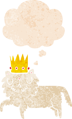 Düşünce baloncuklu taç takan çizgi film kedisi bir insan tarafından çizilmiş dertli retro stili.