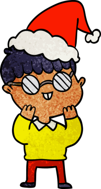 Bir insan tarafından çizilmiş Noel Baba şapkası takan gözlüklü bir çocuğun el çizimi karikatürü.