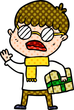 Bir insan tarafından çizilmiş gözlük takan ve hediye taşıyan çizgi film çocuğu.