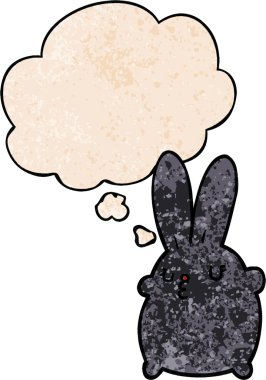 Bir insan tarafından çizilmiş grunge desenli düşünce baloncuklu şirin çizgi film tavşanı.