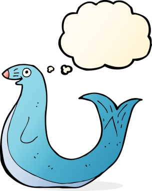 Bir insan tarafından çizilmiş düşünce baloncuklu mutlu fok.