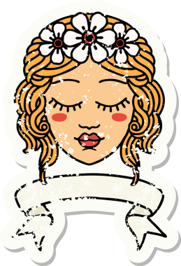 Bir insan tarafından çizilmiş, kadın yüzü pankartlı eski bir etiket.