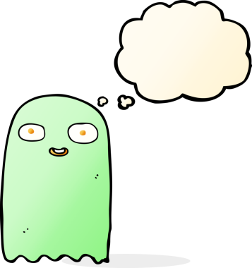 Bir insan tarafından çizilmiş düşünce baloncuklu komik çizgi film hayaleti.