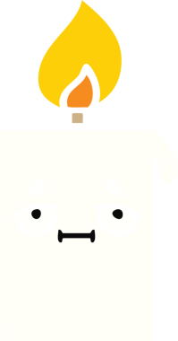 Bir insan tarafından çizilmiş yanan bir mumun düz renkli retro karikatürü