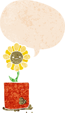 Bir insan tarafından çizilmiş grunge dertli retro biçimli konuşma baloncuğu ile sevimli karikatür çiçek